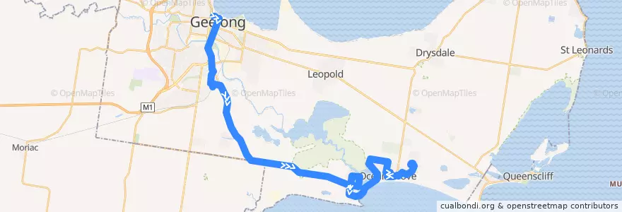 Mapa del recorrido Bus 55: Geelong Station => Barwon Heads => Ocean Grove de la línea  en City of Greater Geelong.