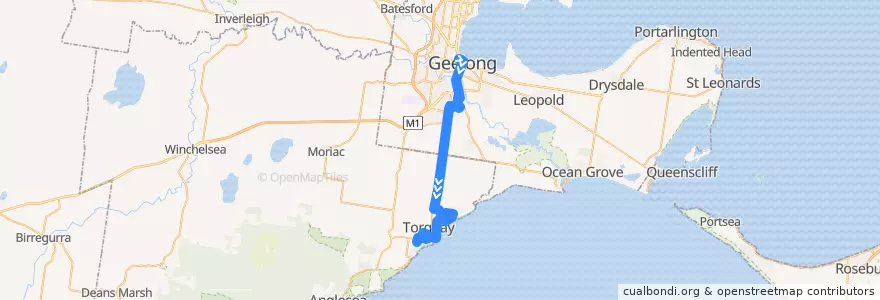 Mapa del recorrido Bus 50: Geelong Station => Marshall Station & Fischer Street => Jan Juc de la línea  en Victoria.
