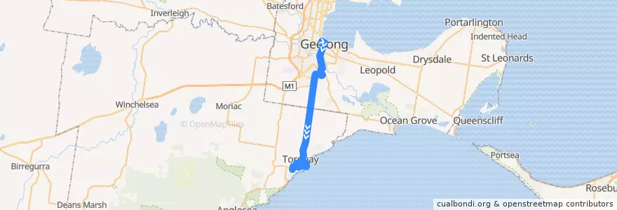 Mapa del recorrido Bus 51: Geelong Station => Marshall Station => Jan Juc de la línea  en ولاية فيكتوريا.
