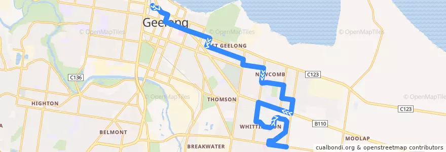 Mapa del recorrido Bus 30: Geelong Station => Newcomb => Whittington de la línea  en City of Greater Geelong.