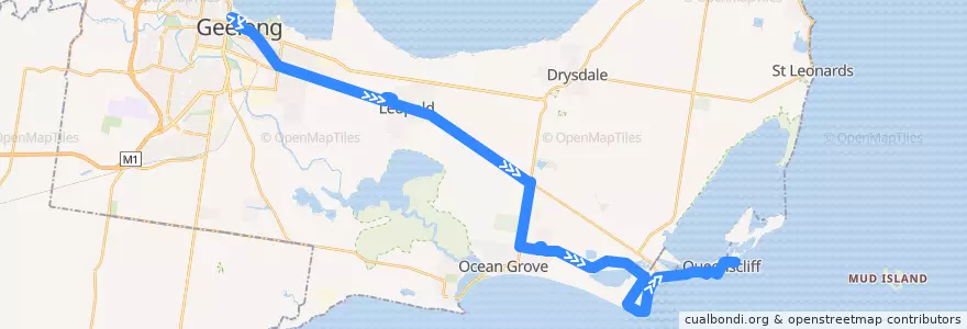 Mapa del recorrido Bus 56: Geelong Station => Ocean Grove => Queenscliff de la línea  en ビクトリア.