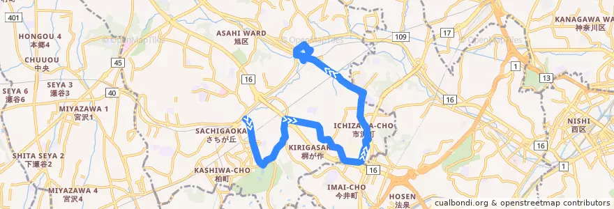 Mapa del recorrido 旭1 二俣川駅南口→鶴ヶ峰駅 de la línea  en Asahi Ward.