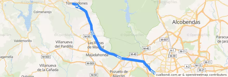 Mapa del recorrido Bus 613: Madrid (Moncloa) → Torrelodones de la línea  en Área metropolitana de Madrid y Corredor del Henares.