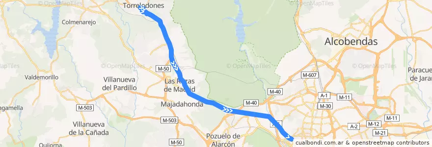 Mapa del recorrido Bus 613: Torrelodones → Madrid (Moncloa) de la línea  en Área metropolitana de Madrid y Corredor del Henares.
