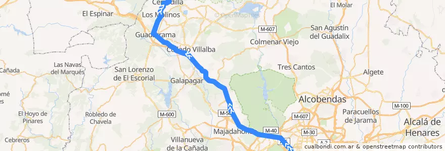 Mapa del recorrido Bus 684 N: Madrid (Moncloa) → Guadarrama → Cercedilla de la línea  en Community of Madrid.