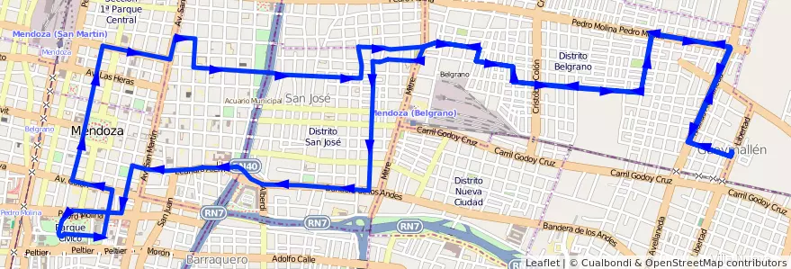 Mapa del recorrido 53 - Belgrano - Casa de Gob. de la línea G05 en Mendoza.