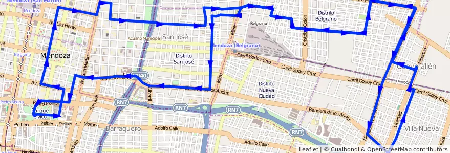 Mapa del recorrido 53 - Belgrano - Casa de Gob. - Muni. Guaymallén de la línea G05 en Mendoza.