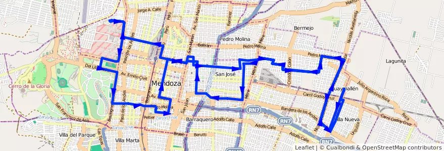 Mapa del recorrido 53 - Belgrano - Parque de la línea G05 en Mendoza.