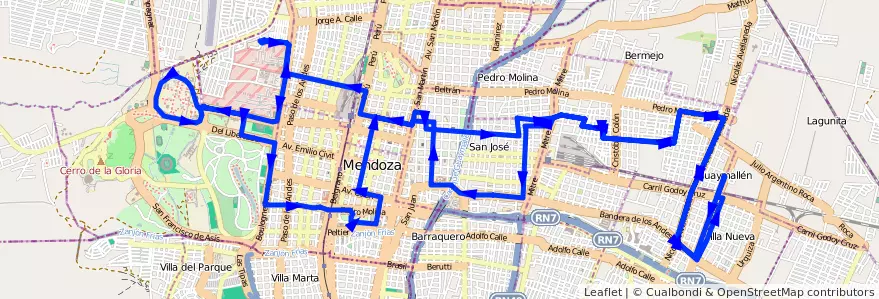 Mapa del recorrido 53 - Belgrano - U.N.C. de la línea G05 en Mendoza.