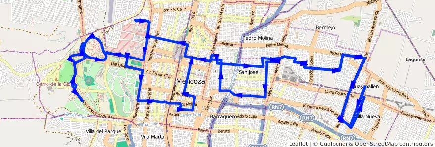 Mapa del recorrido 53 - Belgrano - U.N.C. - Liceo Agricola - E.G.B.  de la línea G05 en Мендоса.