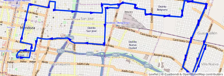 Mapa del recorrido 53 - Muni. Guaymallén - Belgrano - Casa de Gob. - Muni. Guaymallén de la línea G05 en Мендоса.