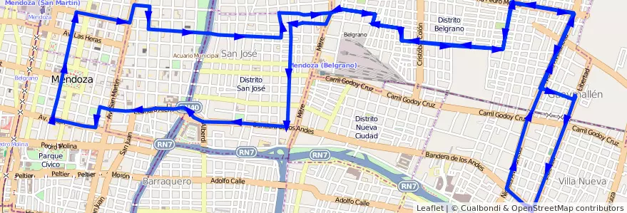 Mapa del recorrido 53 - Muni. Guaymallén - Belgrano de la línea G05 en Mendoza.