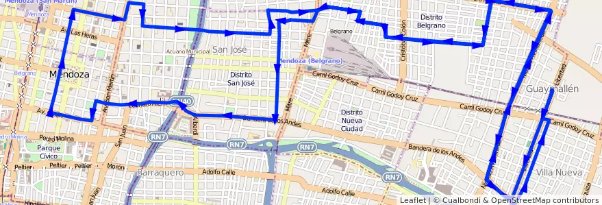 Mapa del recorrido 53 - Muni. Guaymallén - Belgrano - Muni. Guaymallén de la línea G05 en Мендоса.