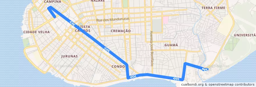 Mapa del recorrido UFPA–Padre Eutíquio (ida) de la línea  en Belém.