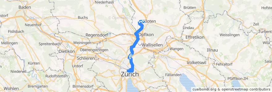 Mapa del recorrido Tram 10: Zürich Flughafen, Fracht → Zürich, Bahnhofplatz/HB de la línea  en 취리히.