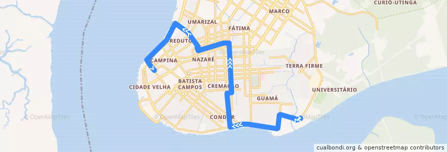 Mapa del recorrido UFPA–Alcindo Cacela (centro) de la línea  en Belén.