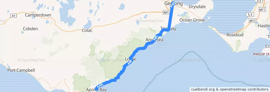 Mapa del recorrido Bus V101: Geelong => Apollo Bay de la línea  en Victoria.