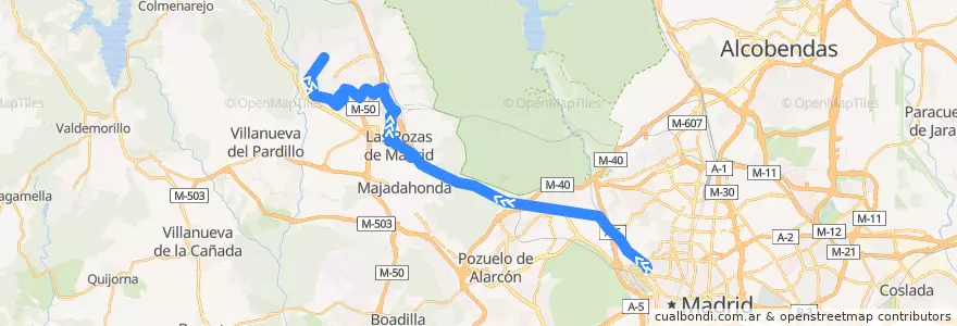 Mapa del recorrido Bus 628: Madrid (Moncloa) → Parque Empresarial → El Cantizal de la línea  en Área metropolitana de Madrid y Corredor del Henares.