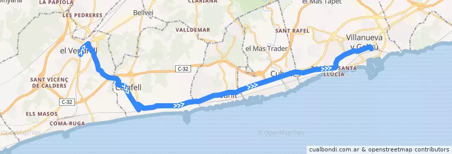 Mapa del recorrido Nocturn: Vilanova i la Geltrú - El Vendrell de la línea  en カタルーニャ州.