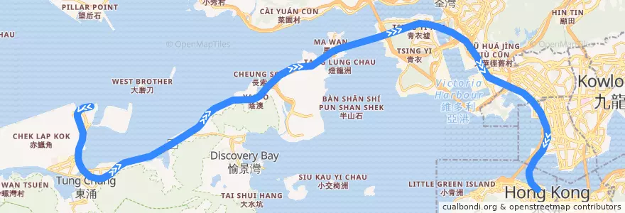 Mapa del recorrido 機場快綫 Airport Express (往市區 to City) de la línea  en 新界 New Territories.