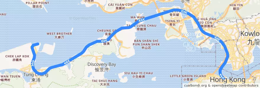 Mapa del recorrido 機場快綫 Airport Express (往機場 to Airport) de la línea  en الأقاليم الجديدة.