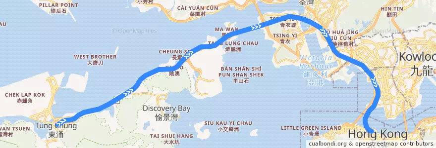 Mapa del recorrido 東涌綫 Tung Chung Line (東涌 Tung Chung → 香港 Hong Kong) de la línea  en 신제.