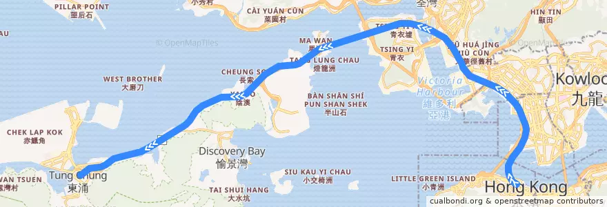 Mapa del recorrido 東涌綫 Tung Chung Line (香港 Hong Kong → 東涌 Tung Chung) de la línea  en Yeni Bölgeler.