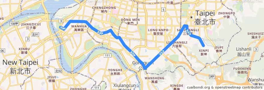 Mapa del recorrido 臺北市 1 萬華-松仁路 (往松仁路) de la línea  en Taipei.