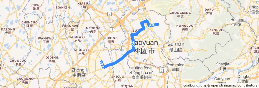 Mapa del recorrido 168 內壢復興宮→桃園榮民醫院 de la línea  en Taoyuan.