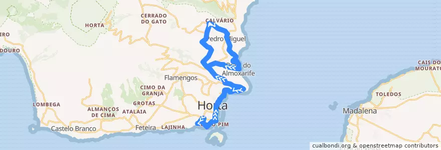 Mapa del recorrido Bus Horta => Praia do Almoxarife => Horta: Rua José Azevedo (Peter) => Escola Secundária Manuel de Arriaga de la línea  en Faial.