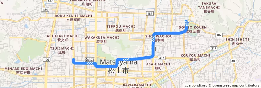 Mapa del recorrido JR松山駅前線 (道後温泉 - JR松山駅前) de la línea  en 松山市.