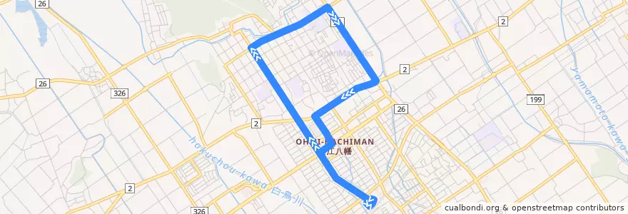 Mapa del recorrido 八幡市内線 de la línea  en Omihachiman.