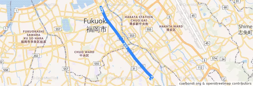 Mapa del recorrido W 渡辺通幹線バス　那の津口⇒天神地区⇒西鉄大橋駅 de la línea  en 福冈市.