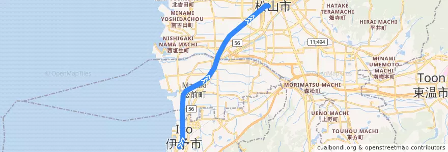 Mapa del recorrido 郡中線 (郡中港 - 松山市) de la línea  en 愛媛県.