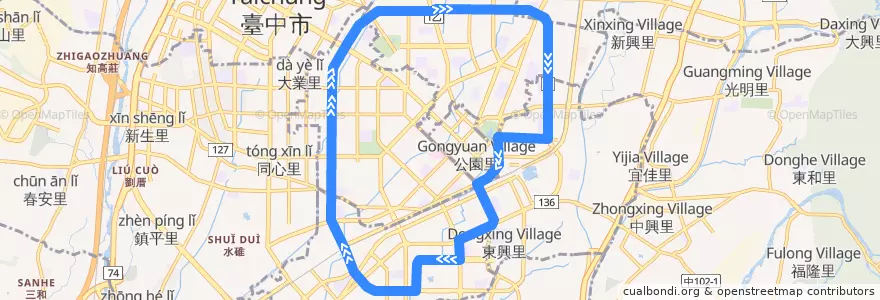 Mapa del recorrido 52路 (往中興大學_右環) de la línea  en Taichung.