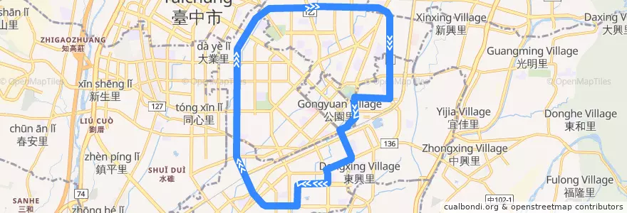 Mapa del recorrido 52路 (往中興大學_左環) de la línea  en Тайчжун.