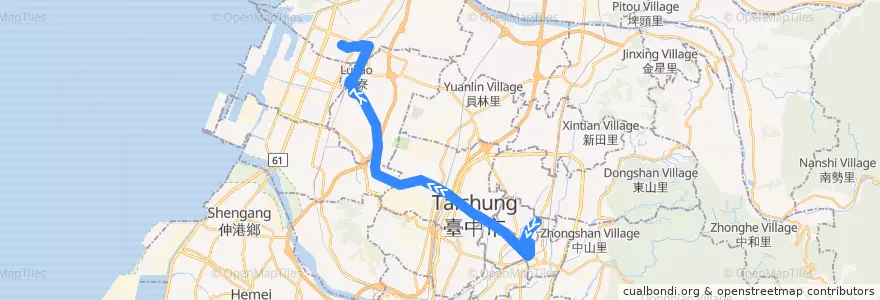 Mapa del recorrido 303路 (往港區藝術中心) de la línea  en Тайчжун.