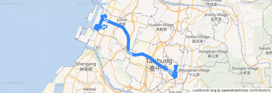 Mapa del recorrido 308路 (往新民高中) de la línea  en Тайчжун.