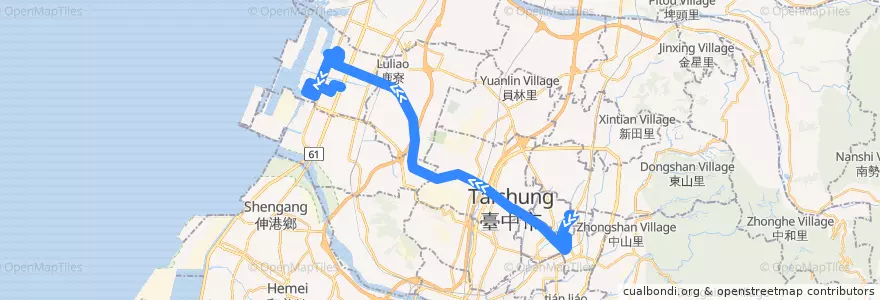 Mapa del recorrido 308路 (往關連工業區) de la línea  en Тайчжун.