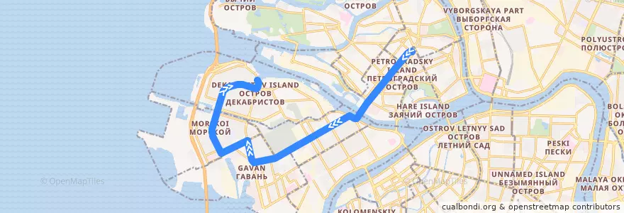 Mapa del recorrido Троллейбус № 9: Ординарная улица => улица Кораблестроителей de la línea  en Василеостровский район.