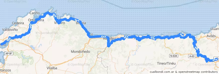 Mapa del recorrido Regional Oviedo - Ferrol de la línea  en İspanya.