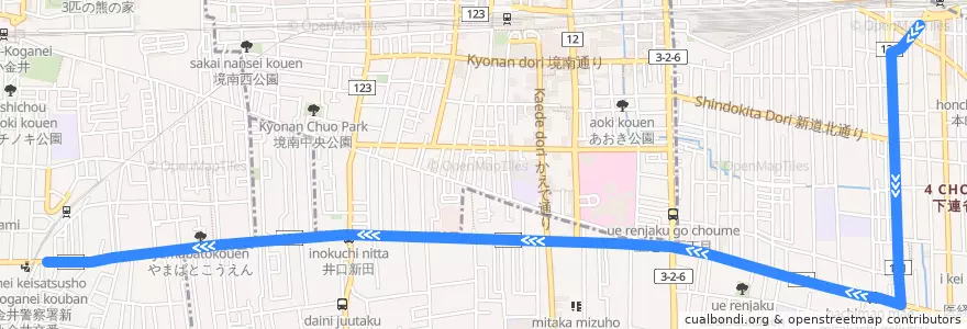 Mapa del recorrido Bus 鷹53 三鷹駅->新小金井線 de la línea  en 東京都.