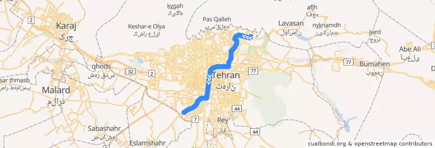 Mapa del recorrido خط ٣ de la línea  en Téhéran.