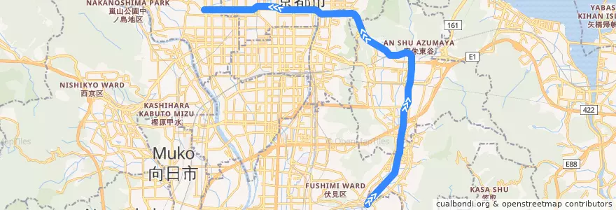 Mapa del recorrido 京都市営地下鉄東西線 : 六地蔵→太秦天神川 de la línea  en 京都市.