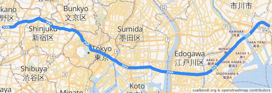 Mapa del recorrido 東京メトロ東西線 各駅停車 : 中野→西船橋 de la línea  en Japão.
