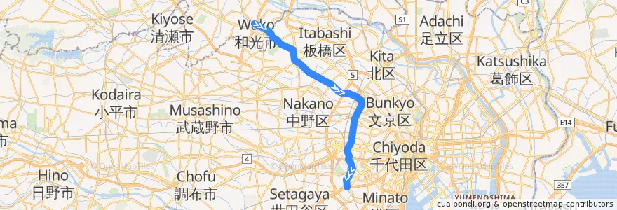 Mapa del recorrido 東京メトロ副都心線 : 和光市→渋谷 de la línea  en Tóquio.