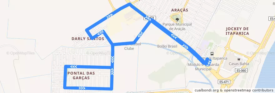 Mapa del recorrido 652 - Terminal de Itaparica/Darly Santos - via Pontal das Garças de la línea  en Vila Velha.