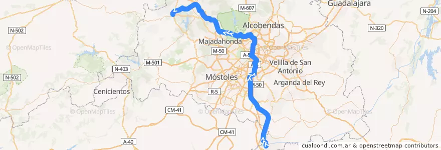 Mapa del recorrido C-3. Aranjuez → Atocha → Sol → Chamartín → El Escorial de la línea  en Communauté de Madrid.