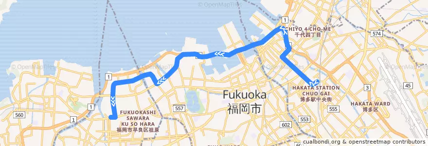 Mapa del recorrido 金武線　博多駅地区⇒都市高速⇒藤崎 de la línea  en 福岡市.