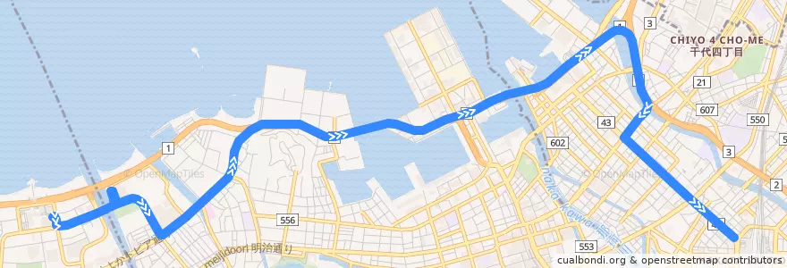 Mapa del recorrido 金武線　福岡タワー（TNC放送会館前）⇒都市高速⇒博多駅地区 de la línea  en Fukuoka.